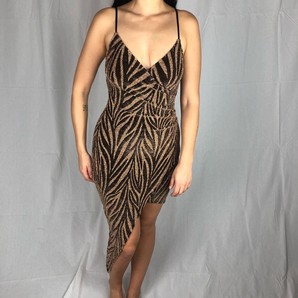 Sparkly Gold /Brown Zebra Print Asymmetrical Dress
